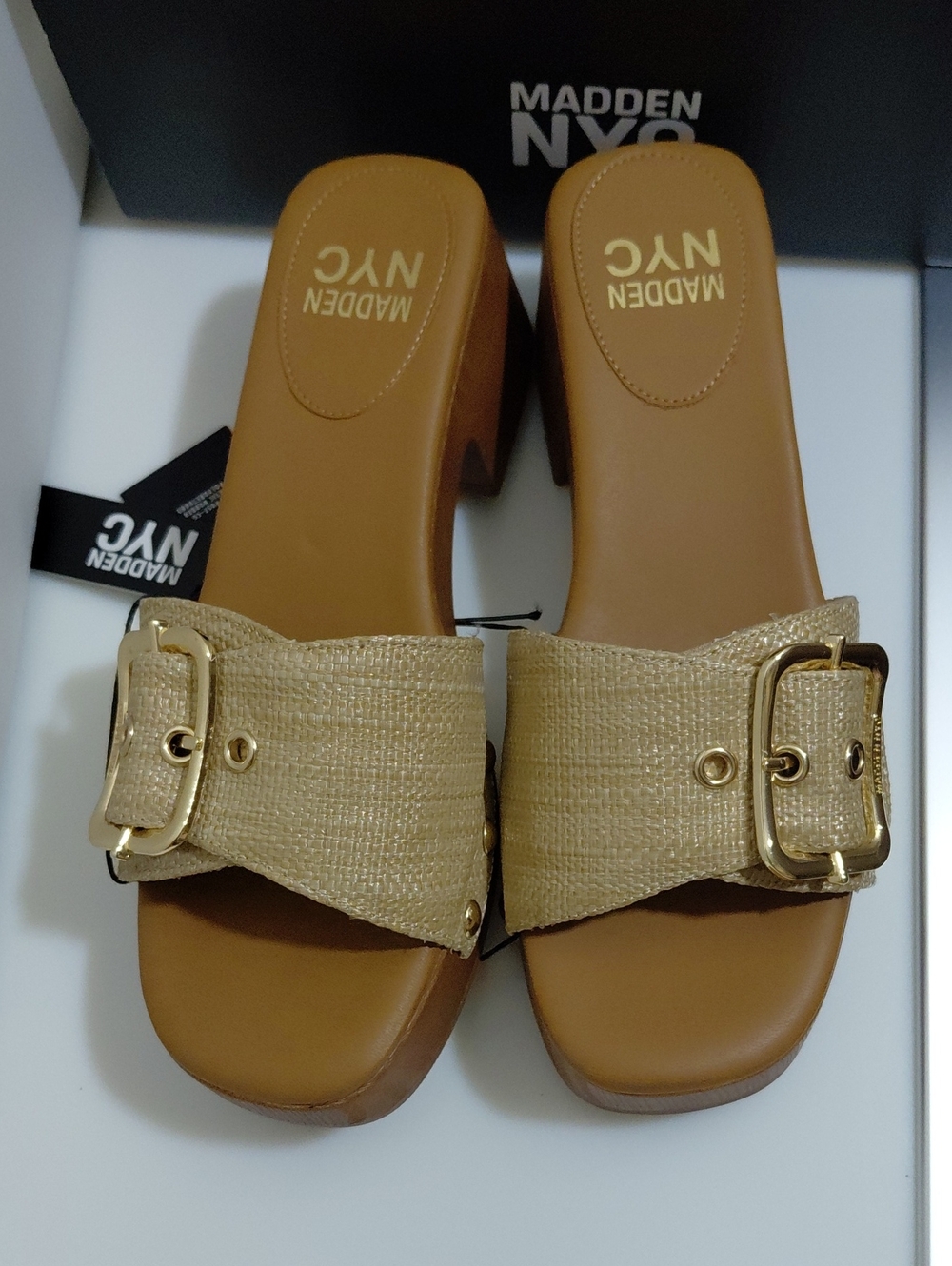 Size 8 Madden NYC Women's Tan Buckle Slide Mules